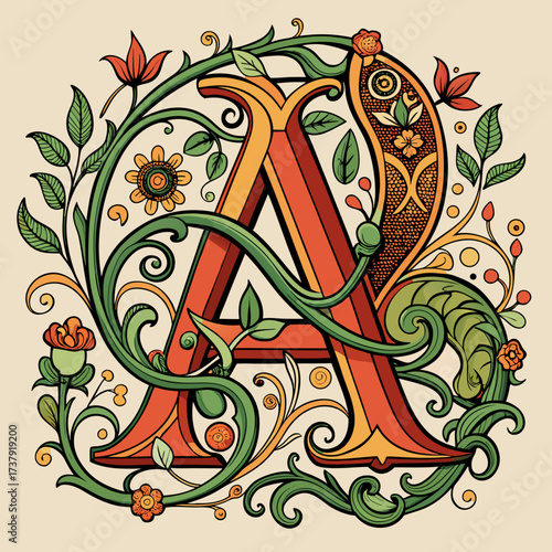 Ornate illuminated letter a with floral embellishments