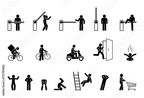 Transport and checkpoint icon set, people at a barrier, no entry, stick figures, isolated silhouettes