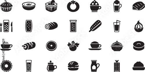 Diverse collection of delicious food and drink icons for culinary concepts and menus