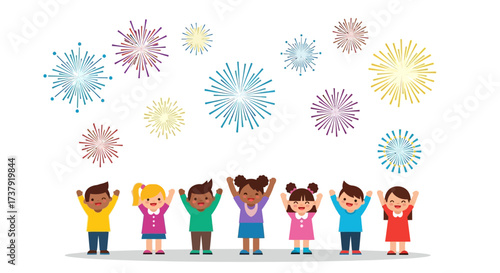 Cheerful Children Celebrate Under a Vibrant Display of Whimsical Fireworks Delightful Moment