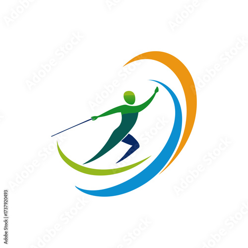 Abstract fencer with colorful swooshes art on transparent background