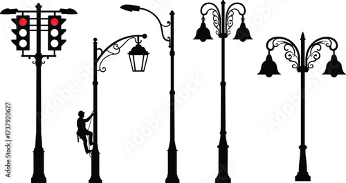 Silhouette illustration of decorative street lamps, hanging lantern posts, traffic lights, and worker climbing pole for maintenance in urban night design.