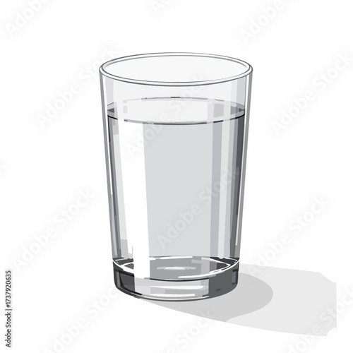 A clear glass filled with water, casting a shadow on a white background.