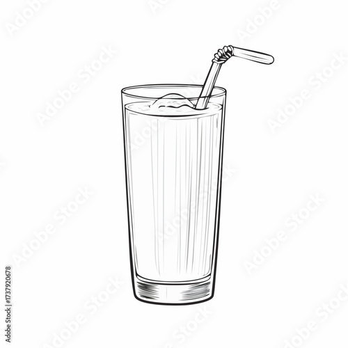 A detailed black and white sketch of a tall glass filled with a refreshing beverage and a straw.