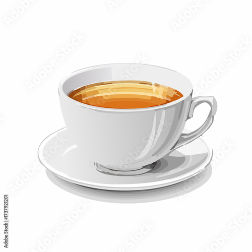 A white ceramic teacup filled with hot brown tea, resting on a matching saucer, depicted in an illustrative style on a white background.