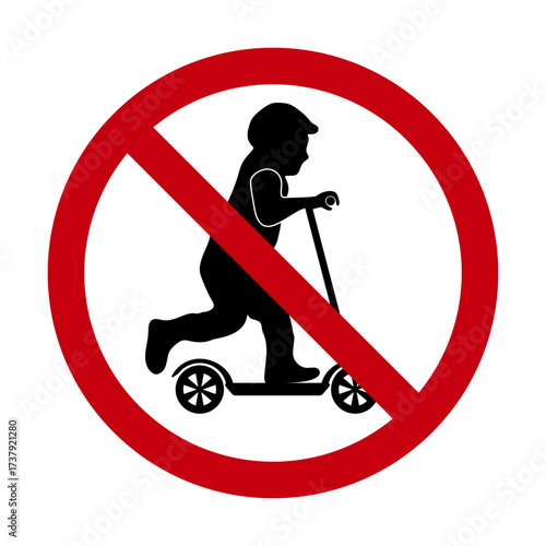 No Scooter Riding Prohibition Sign with Child Silhouette Vector Illustration. A prohibition sign showing a child riding a kick scooter, crossed out with a bold red circle and diagonal line.