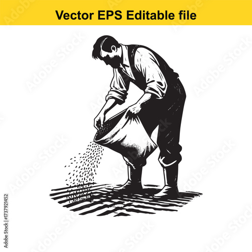 Vector art of farmer sowing seeds from a sack