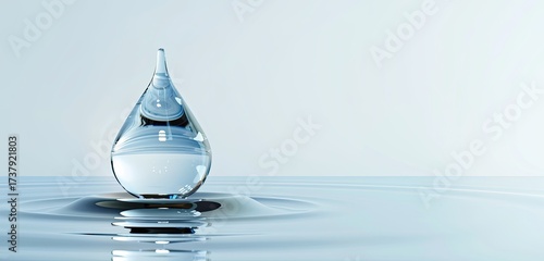 Single water droplet creating ripples in water with clean background for purity ads
