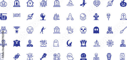 A Collection of Spooky Halloween Icons in Blue Outline