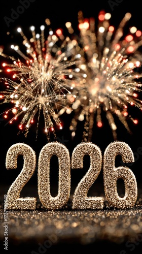 Sparkling 2026 new year celebration with fireworks lighting up the night sky in a festive display