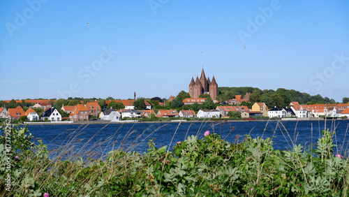 Coastal town with red-roofed houses and a historic church 