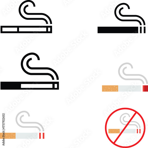 Set of stylized cigarette icons representing smoking and the absence of smoking in various forms
