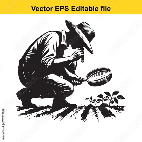 Vector art of farmer examining plant growth with magnifying glass