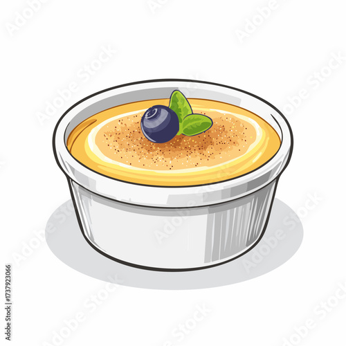 A delicious creme brulee dessert in a white ramekin, garnished with a fresh blueberry and a mint leaf, showcasing its caramelized sugar topping.