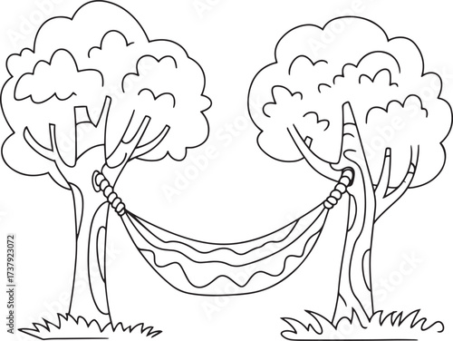 Relaxing Hammock Swing Tied Between Two Shady Trees Simple Outline Black and White Coloring Page Vector Illustration