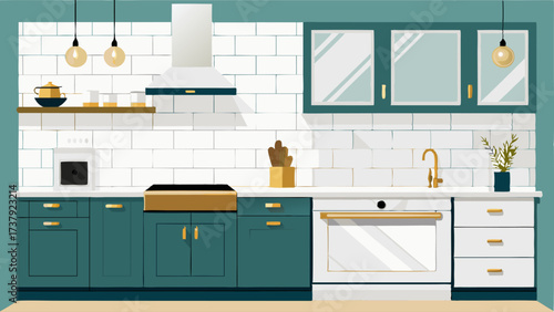 A kitchen with white subway tile walls marble countertops and cabinets with gold hardware and geometric detailing.
