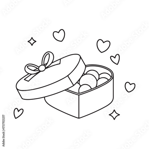 Open Heart Shaped Gift Box Full of Chocolates with Ribbon and Floating Hearts Simple Outline Black and White Vector Drawing
