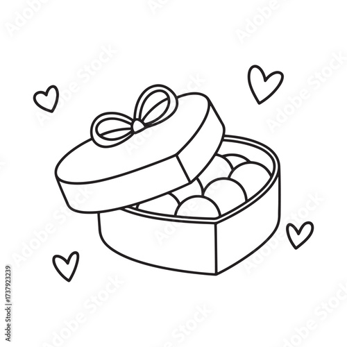 Open Heart Shaped Gift Box Full of Chocolates with Ribbon and Floating Hearts Simple Outline Black and White Vector Drawing