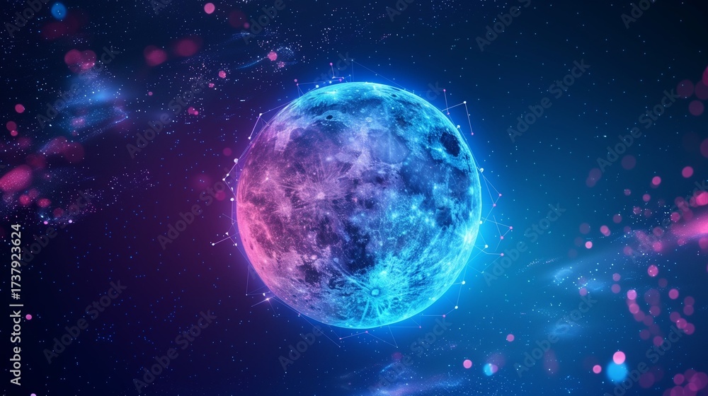 Obraz premium Holographic neon moon made of glowing polygons and circuits, futuristic cosmic tech design.