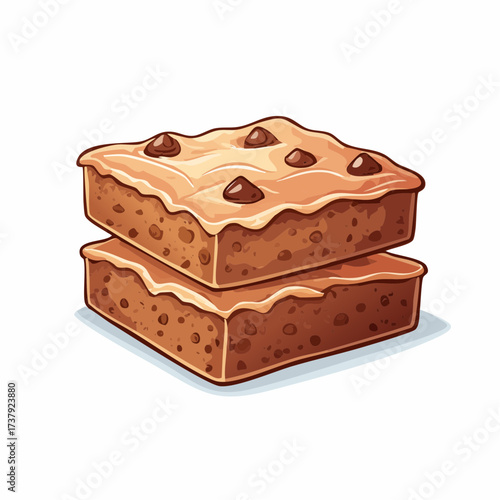 Two delicious stacked brownies with creamy frosting and chocolate chips, a sweet dessert illustration.