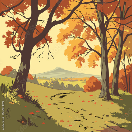 Autumn path winds through forest trees toward a distant sunlit mountain landscape.
