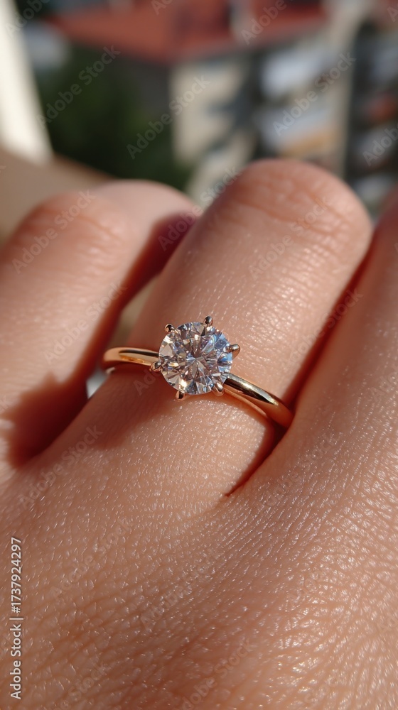 Obraz premium Beautiful engagement ring with a sparkling diamond against a sunny backdrop in the afternoon