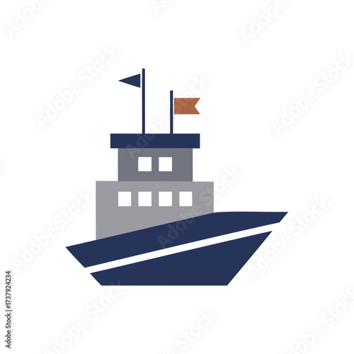 Stylized illustration of a blue and gray ship with flags