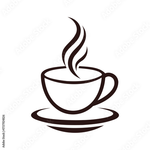 Simple line art of a steaming coffee cup on a saucer