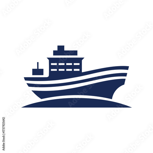 Stylized dark blue cargo ship silhouette on white background