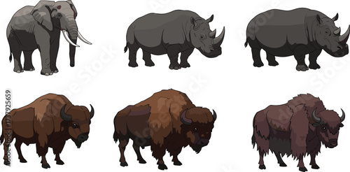 Elephant, rhinoceros, and bison cartoon animals, wildlife mammals collection, safari and forest creatures, educational zoology illustration, animal kingdom diversity.