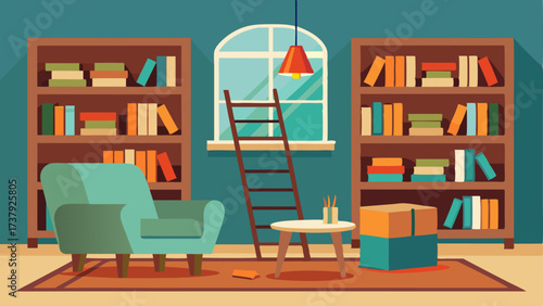 A home library with floortoceiling bookshelves a ladder on a track and a cozy reading corner with a worn leather chair and ottoman.