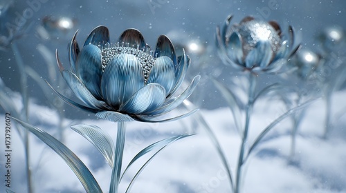 Metallic Futuristic Flowers Blooming In Snow Surre