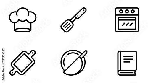 Vector art of cooking icons chef hat, spatula, oven, rolling pin, frying pan, and cookbook in a minimalist line art style