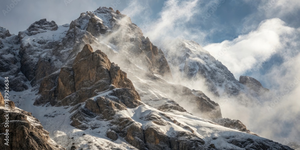 Obraz premium Dramatic snow covered mountain peak with swirling clouds and mist