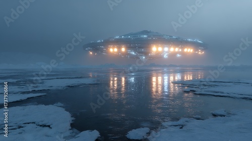 Spaceship Landed In Snowy Landscape Glowing Lights