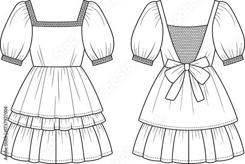 Fashion flat sketch tiered dress design, puff sleeve short dress with bow back detail, technical CAD vector apparel template illustration