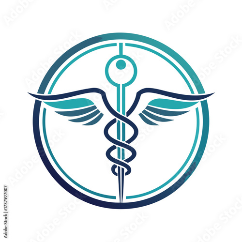 Modern caduceus symbol with wings in a circle