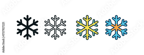 Vector icon snowflake same pose same proportions four styles black solid glyph outline minimal flat multicolor filled cartoon flat shaded.