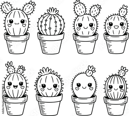 Eight Cute Kawaii Cacti In Pots With Happy Faces cactus potted plant