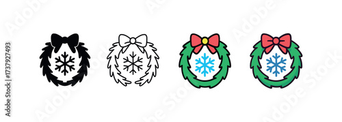 Vector icon winter wreath same pose same proportions four styles black solid glyph outline minimal flat multicolor filled cartoon flat shaded.