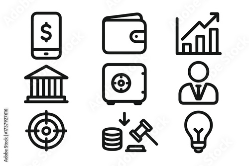 Icons representing finance, banking, and investment concepts for educational or informational use