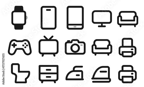 Collection of simple black icons representing various electronic devices and home furniture