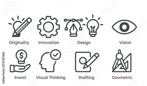 Innovative design concepts focus on originality, vision, and geometric creativity in various activities and brainstorming sessions
