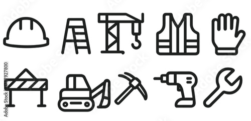 Construction equipment and tools displayed in a simple and clear style on a white background