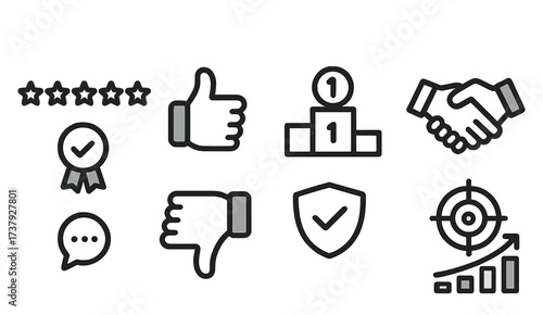 Certification badges and icons for review ratings, feedback, and quality assurance displayed on a digital platform