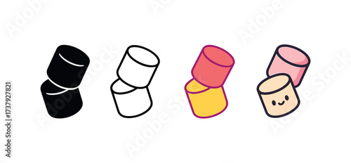 Vector icon marshmallows same pose same proportions four styles black solid glyph outline minimal flat multicolor filled cartoon flat shaded.