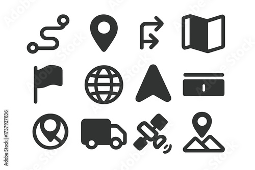 Various travel and navigation icons representing mapping, location services, and transportation elements commonly used in digital applications