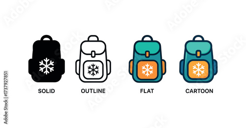 Vector icon winter backpack same pose same proportions four styles black solid glyph outline minimal flat multicolor filled cartoon flat shaded.