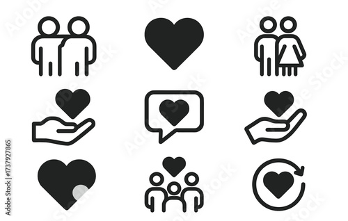 Various heart icons representing love, friendship, and connection in different contexts and styles