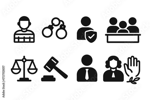 Symbols of the justice system represented with simple icons showing law enforcement, court proceedings, and legal representation
